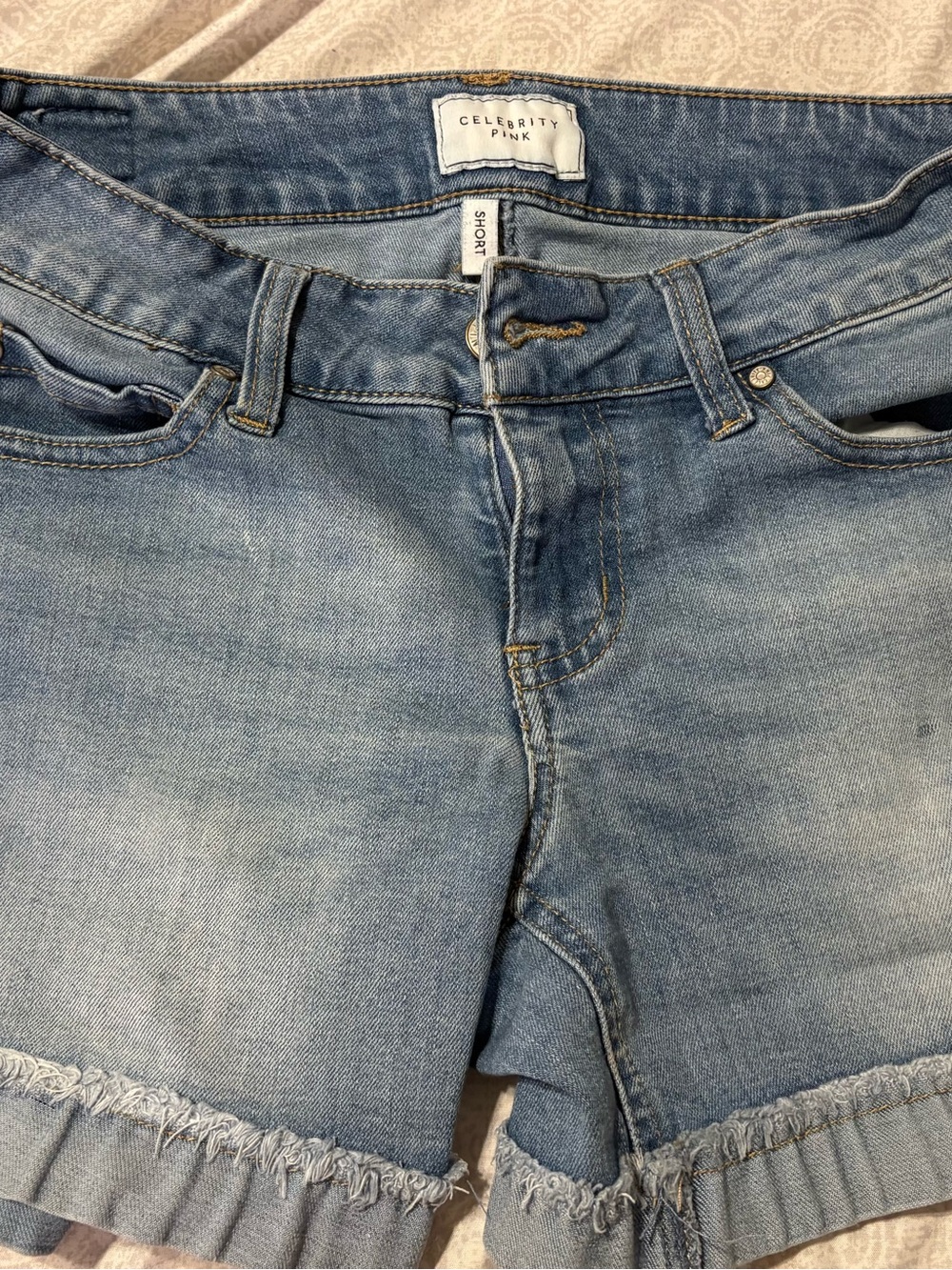 Celebrity Pink Light Blue Frayed Hem Denim Shorts
